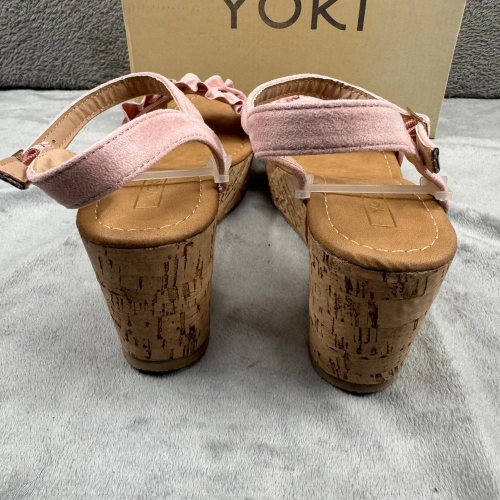 Yoki Carrin-40 Blush Pink Ruffle Cork Wedge Platform Sandals Womens 7.5‎